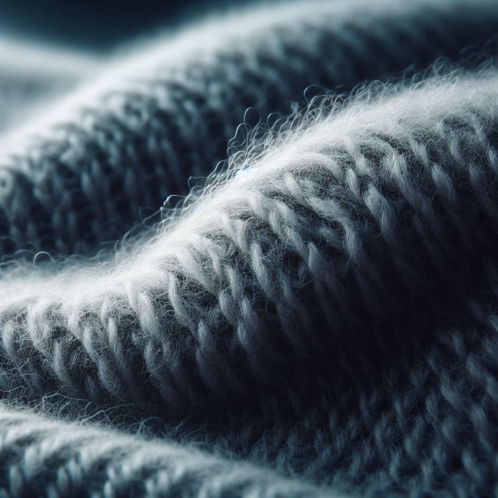 A close-up of a piece of knitted fabric with a drop of water on it.