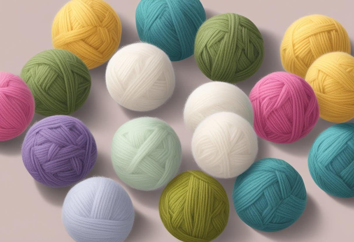 Wool dryer balls with fragrance oils nearby. FAQ text visible