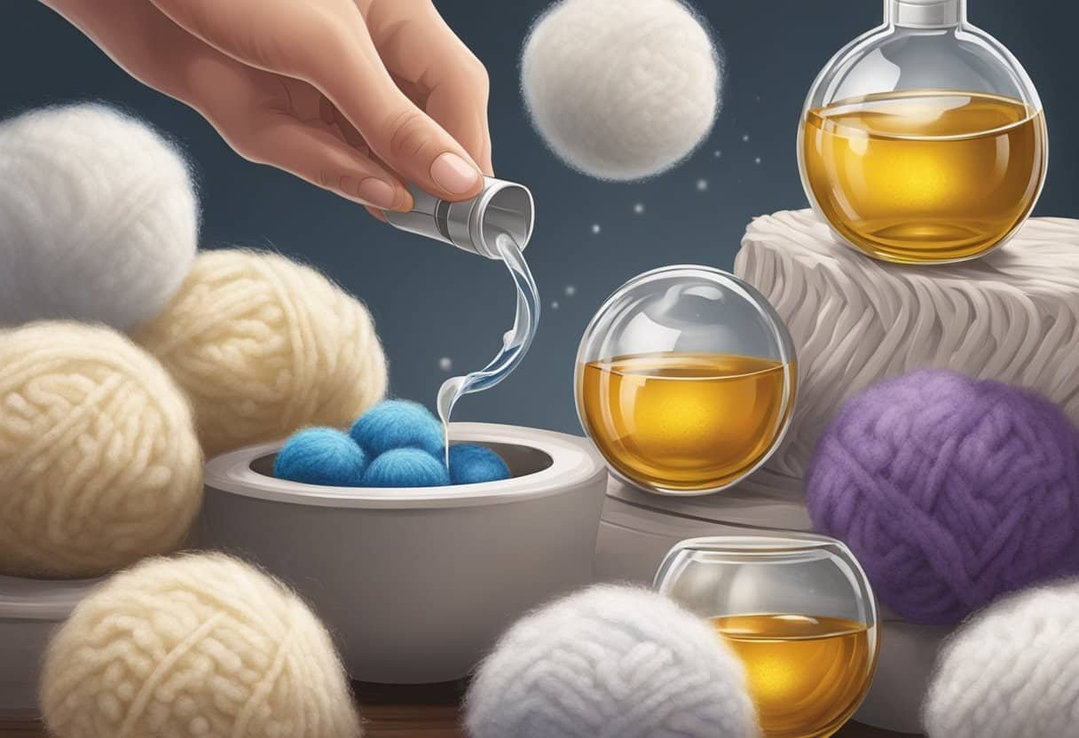 Fragrance oils being poured onto wool dryer balls